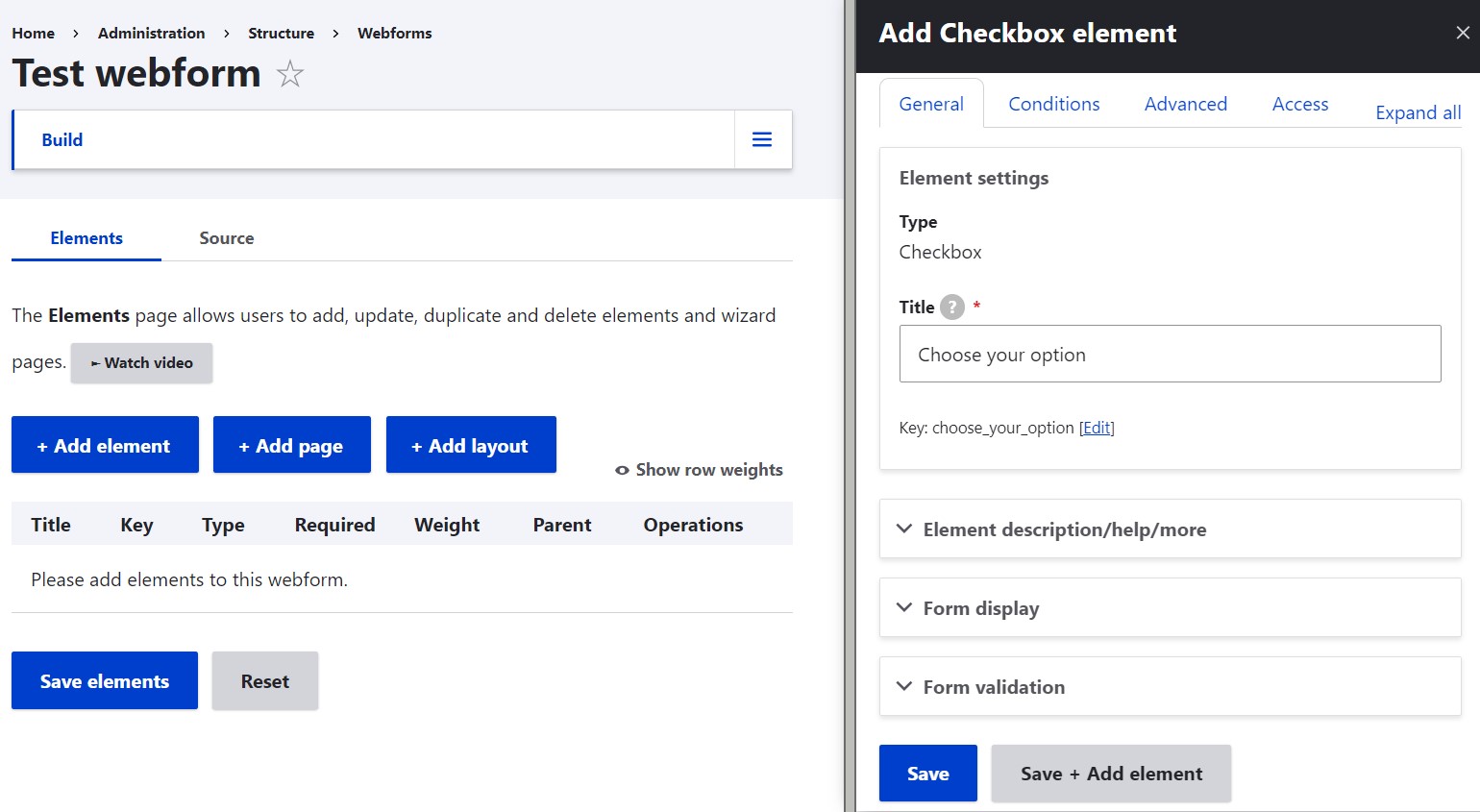 Adding elements when creating a form with the Webform module.