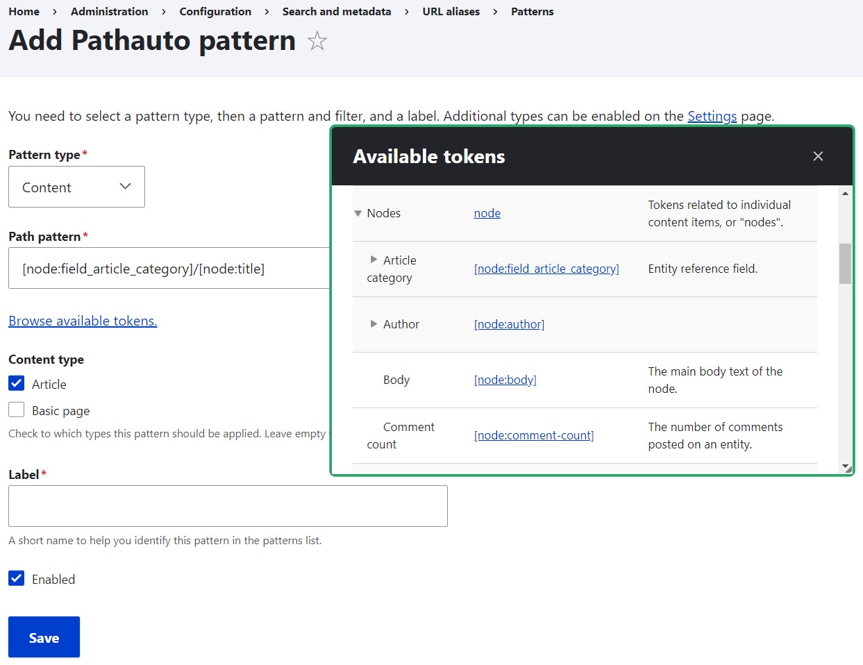 Creating patterns for automatic URL generation with the Pathauto and Token modules