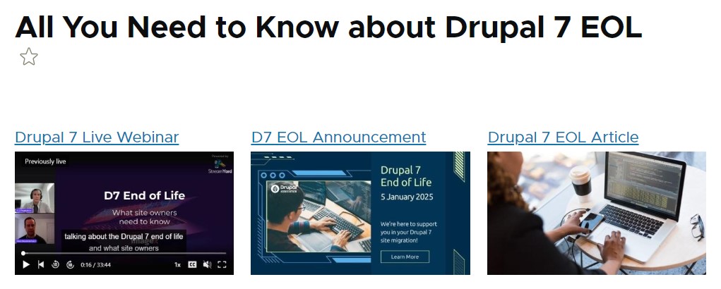 A simple grid view with content about Drupal 7 EOL.