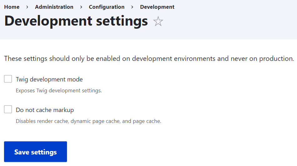 The new Development Settings page in Drupal 10.1 with checkboxes unchecked.