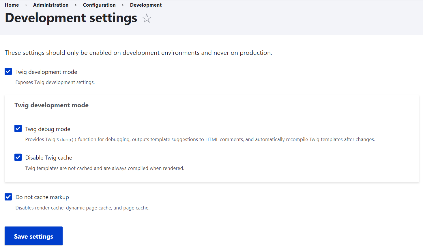 Drupal 10.1’s new Development Settings page with Twig and cache settings.