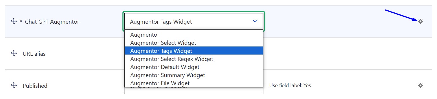 Selecting the augmentor field widget and clicking to open its settings.