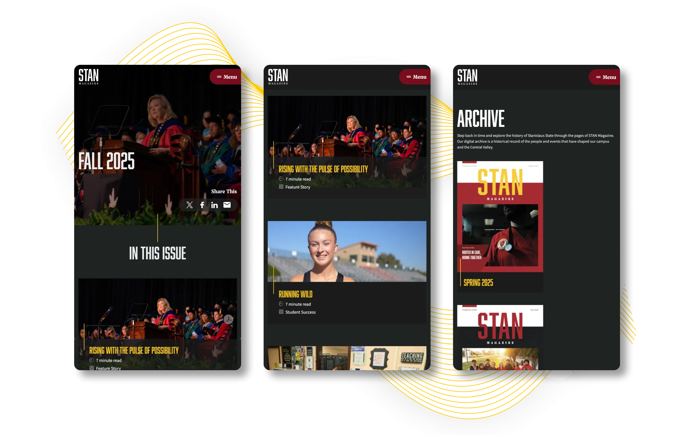 STAN Magazine Three overlapping digital screens with graphic content and images.