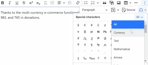A GIF on adding special characters in CKEditor 5