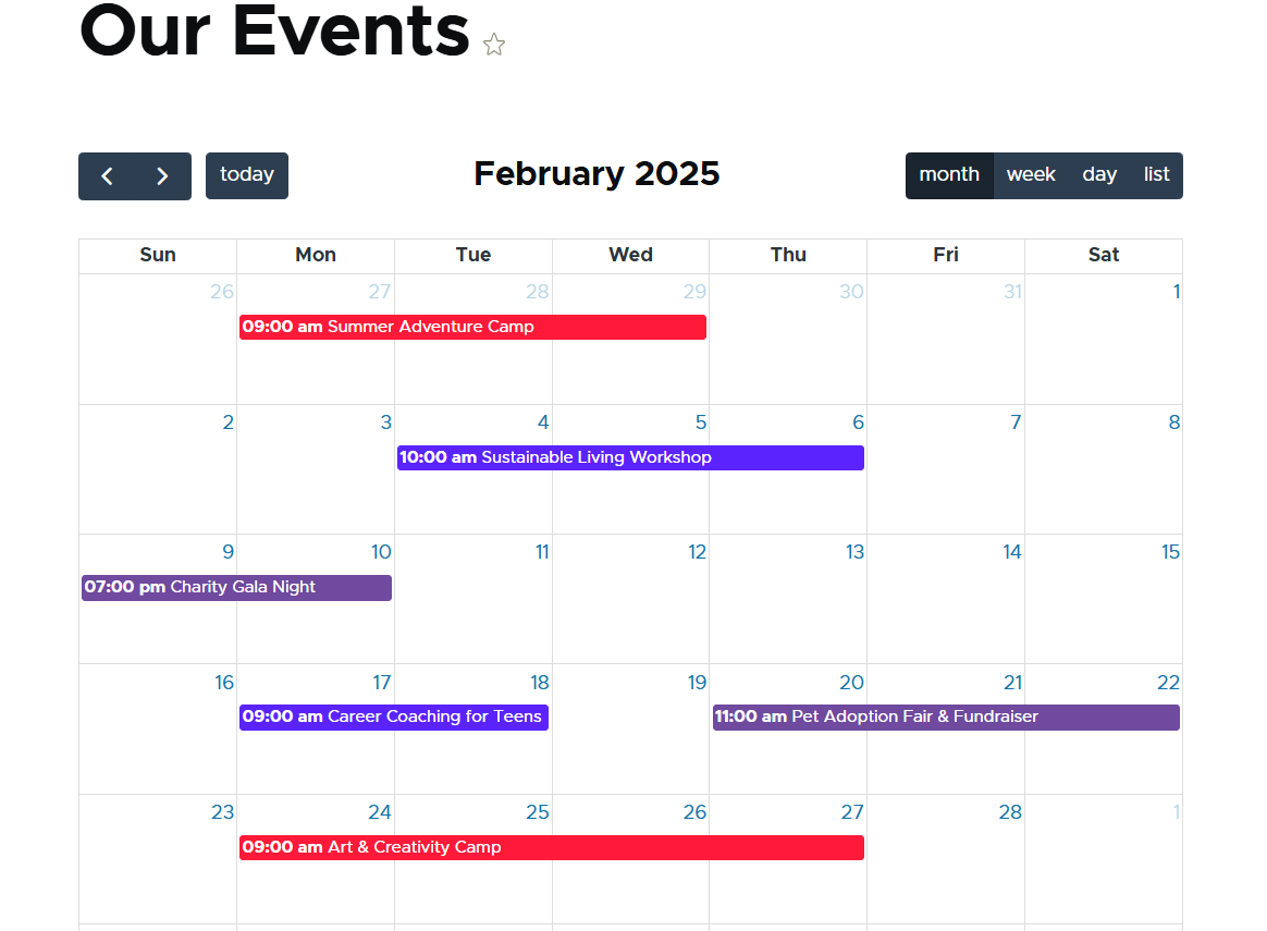 An example of an event calendar for a nonprofit Drupal website