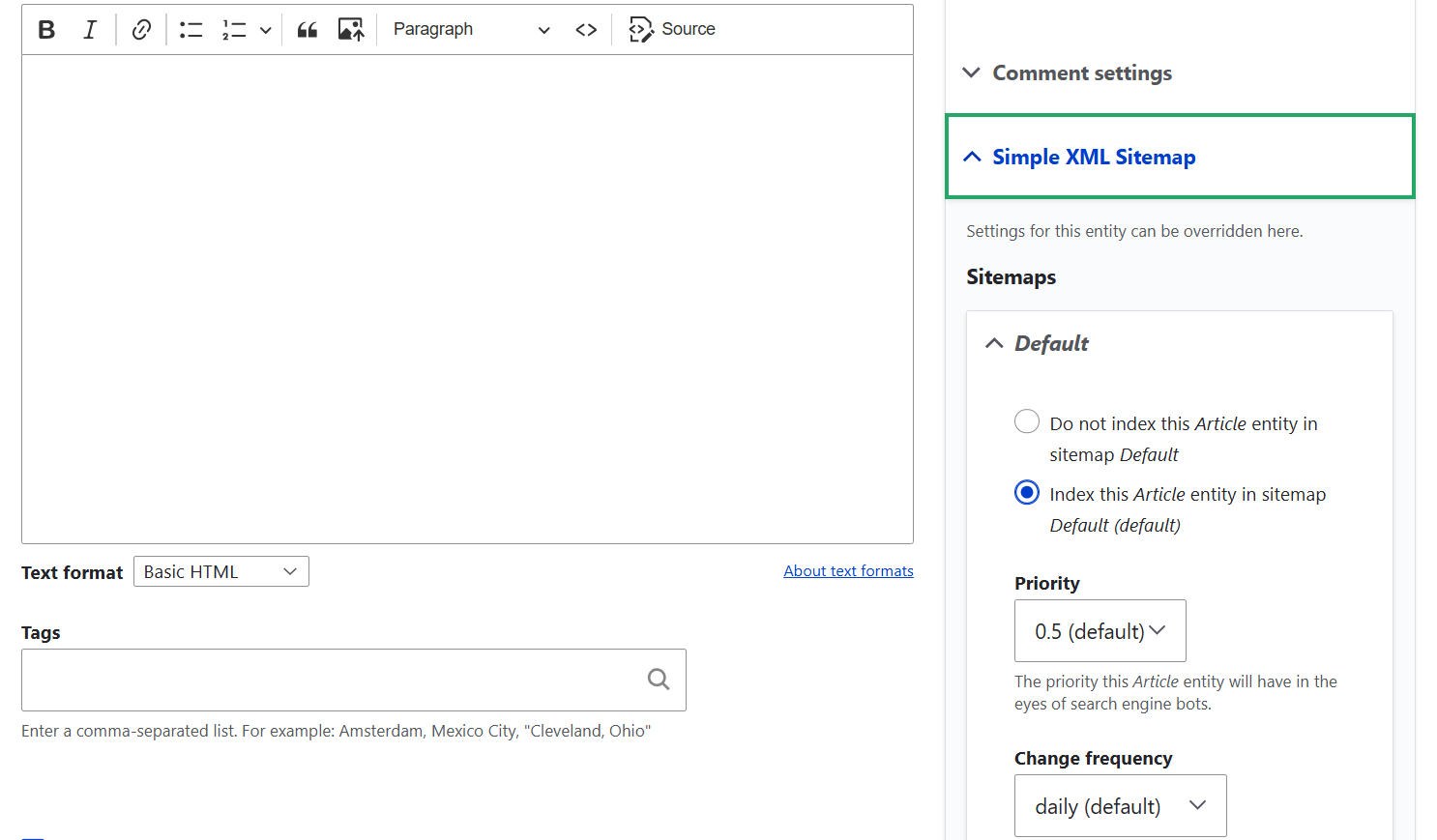 sitemap settings specific drupal content items