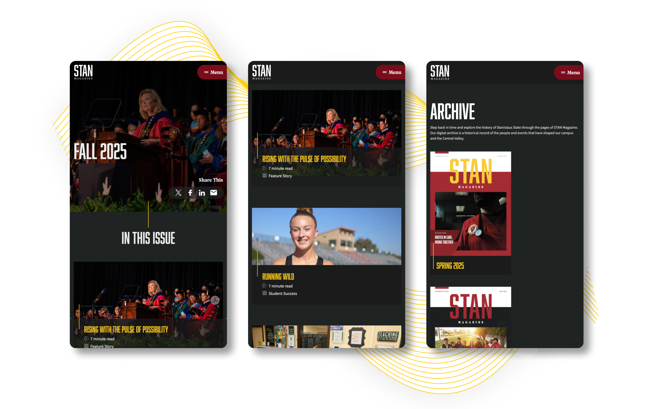 STAN Magazine Three overlapping digital screens with graphic content and images.