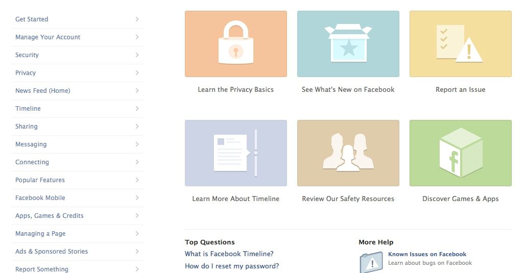 Facebook’s FAQ / Help Center features a left-side accordion menu.  Information is “chunked’ into relevant categories, helping users quickly navigate and find the content they need most.