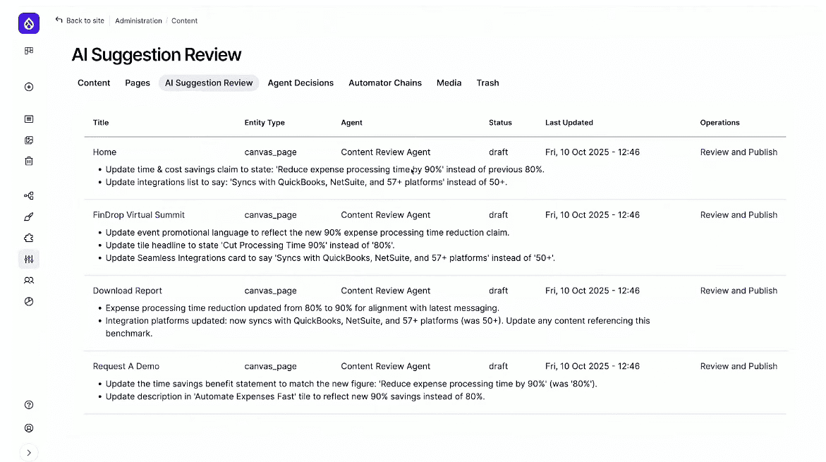 You can review and publish draft content created by autonomous AI agents in Drupal
