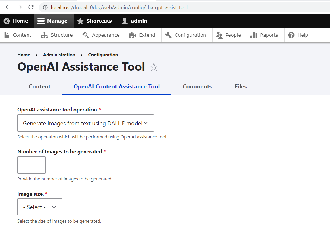 Content Assistance  This feature adds a new tab called “OpenAI Content Assistance Tool” to the Content page of your Drupal admin dashboard. It should assist you in various tasks such as creating images from text, extracting SEO keywords from text, and more. You can configure the feature’s settings on the Configuration page (specify the OpenAI model, the number of images to be generated, the image size, etc.).