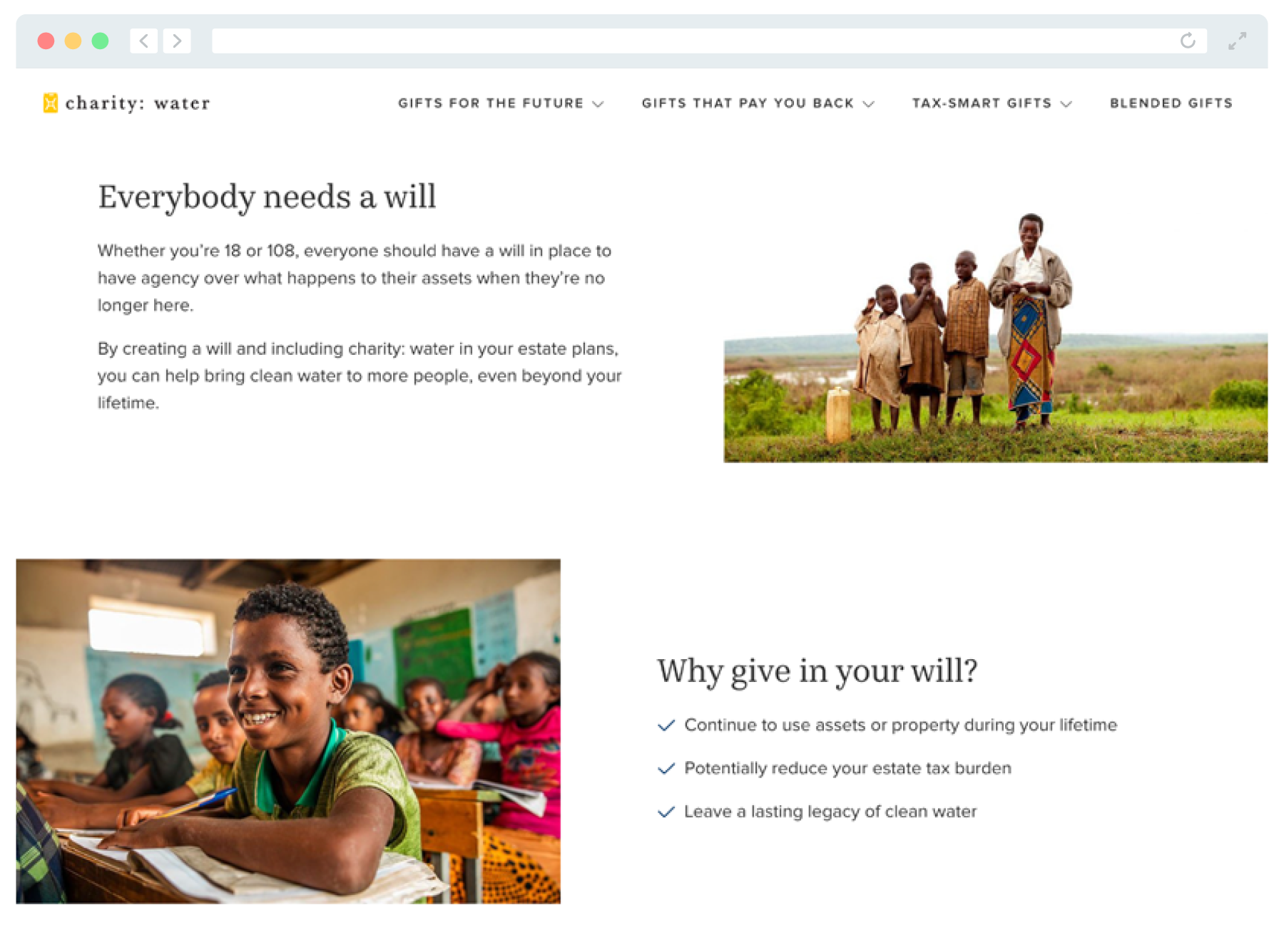 A screenshot of charity: water’s planned giving website that emphasizes benefits for donors