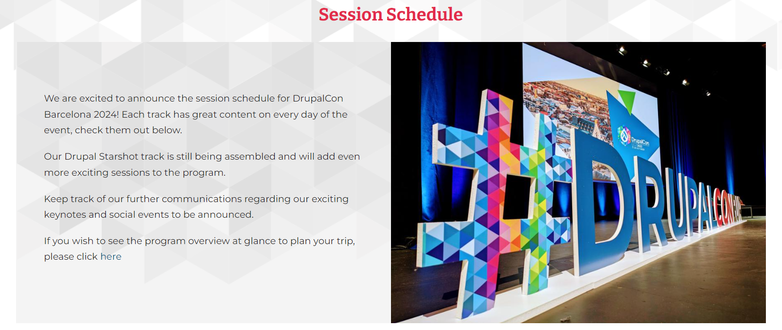 A section announcing session schedule at DrupalCon Barcelona 2024 website.