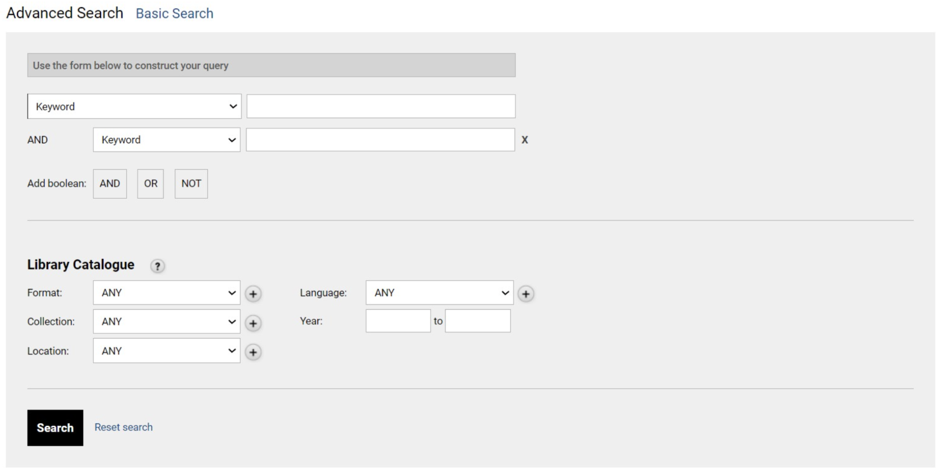 Advanced search on State Library of Western Australia’s Drupal website.