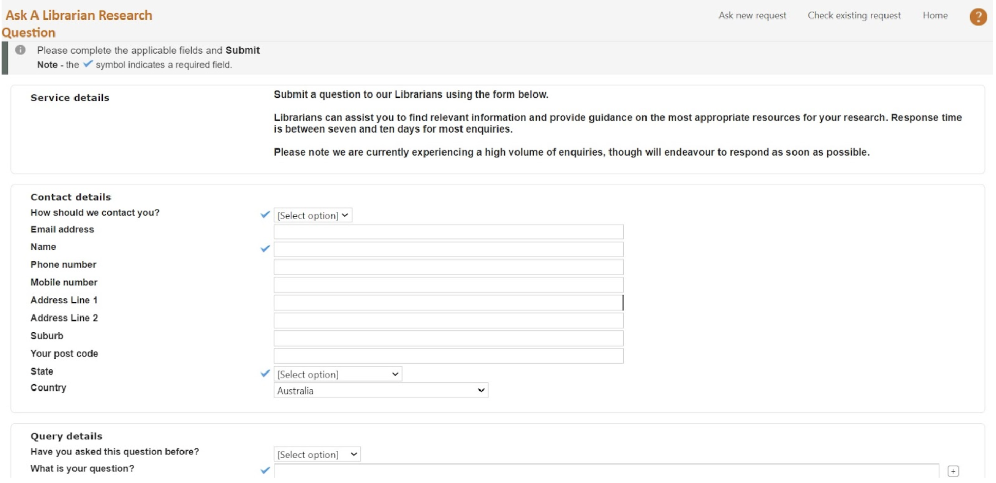 The “Ask a Librarian” form on State Library of Western Australia’s Drupal website.