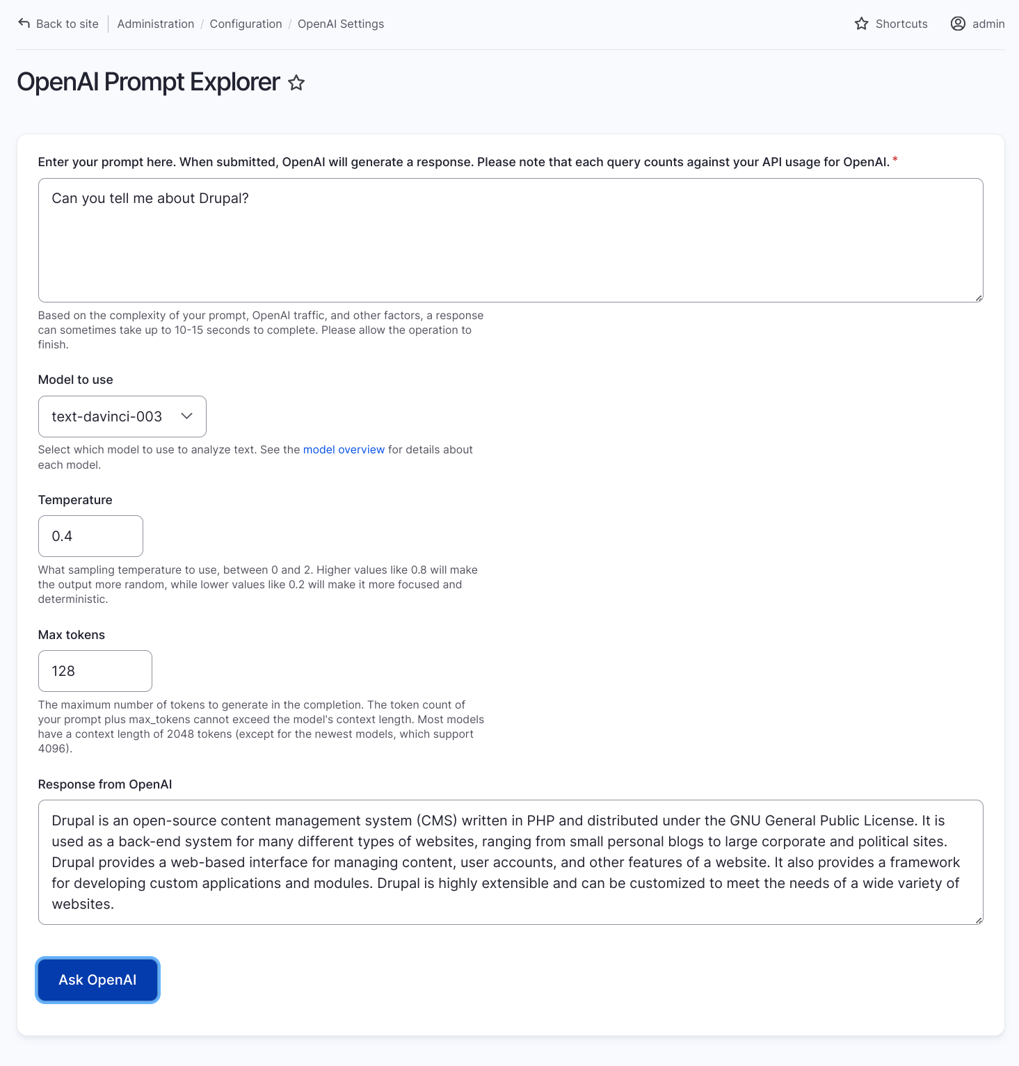 Prompting OpenAI and getting answers in the Drupal admin panel