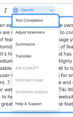 Choosing AI tasks in CKEditor (as provided by the OpenAI CKEditor submodule of the OpenAI module).