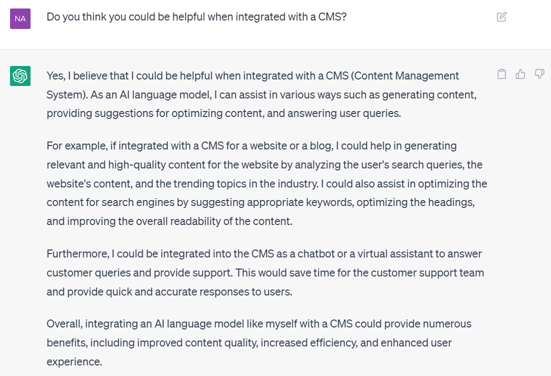 A screenshot of ChatGPT answering the question of whether it could be useful when integrated with a CMS
