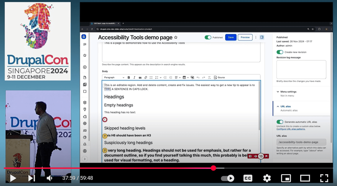 The Accessibility Tools demo at Drupal’s creator Dries Buytaert’s keynote at DrupalCon Singapore