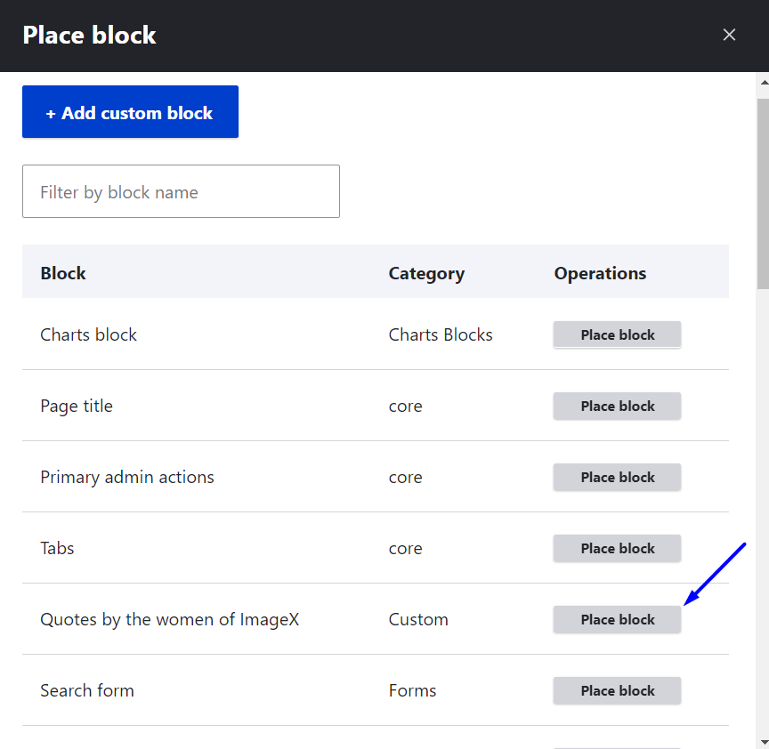 Adding a block in Drupal’s Block Layout.