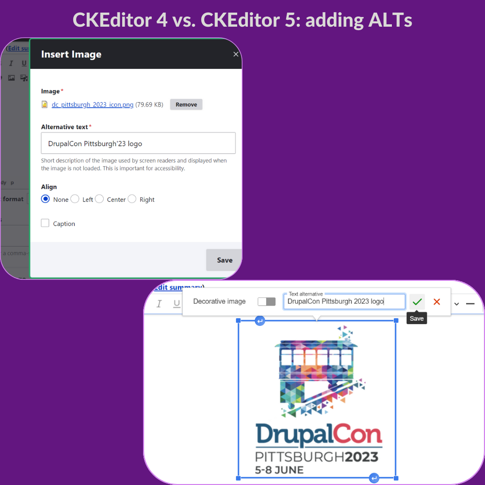Comparing CKEditor 4 vs. CKEditor 5 for adding an ALT text.