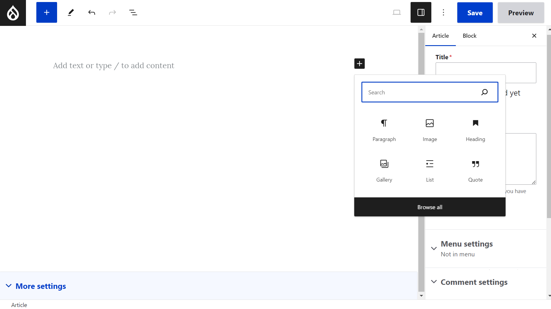 Adding blocks to a content page in Drupal Gutenberg via the “+” icon.