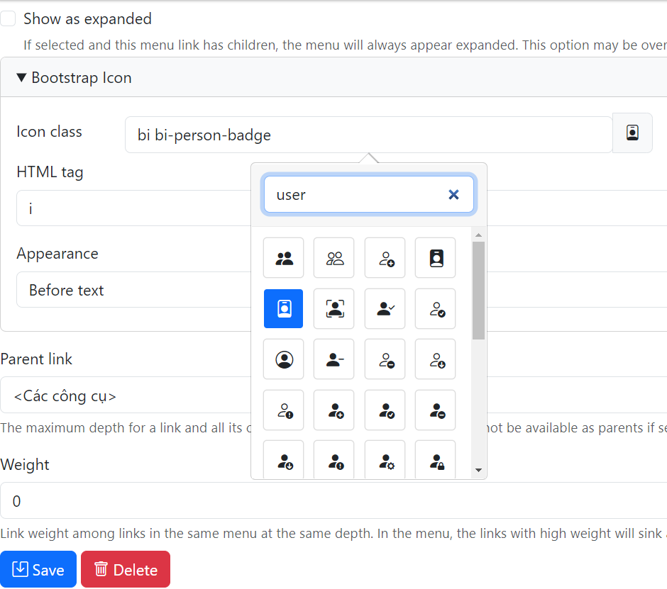 Adding and configuring an icon via the Menu Bootstrap icons module in Drupal.