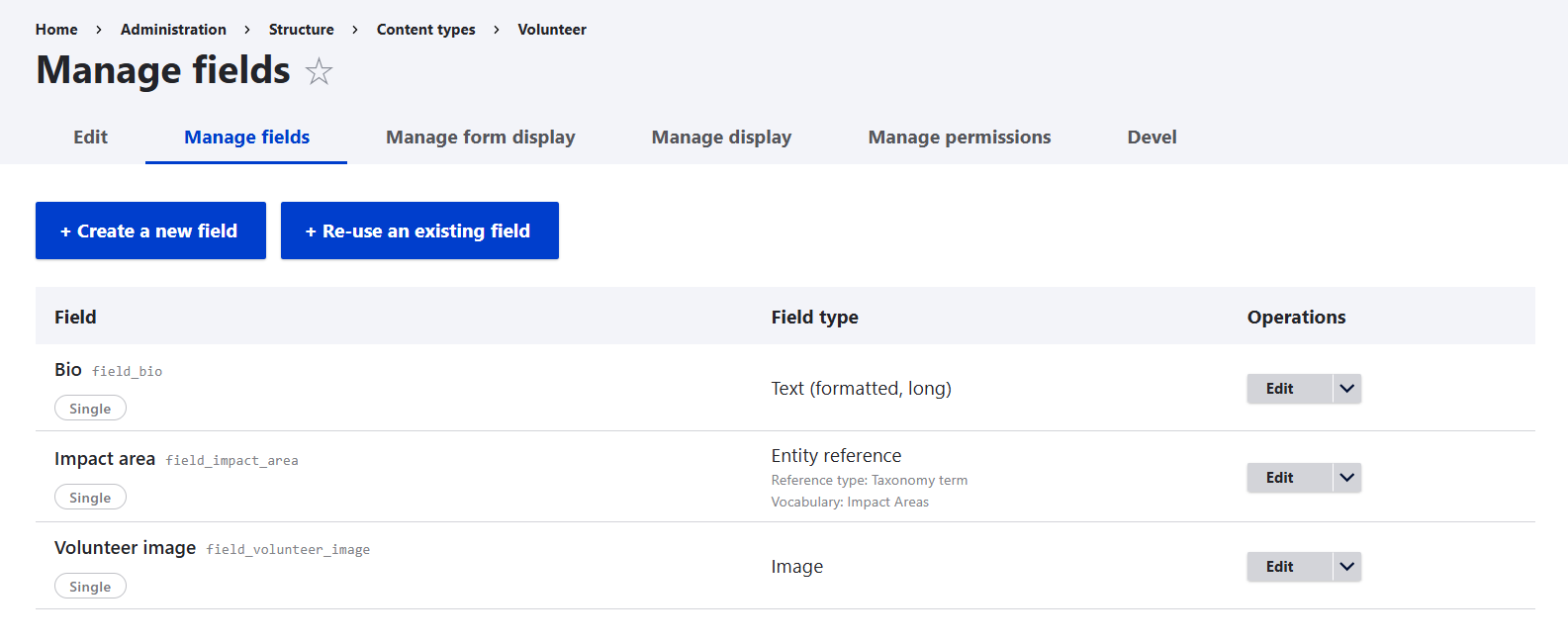 Adding fields to the ‘Volunteer” content type in Drupal