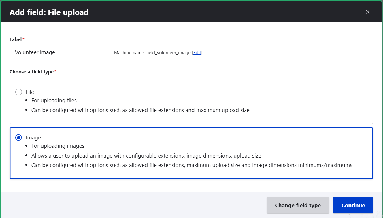Adding an image field to the “Volunteer” content type in Drupal