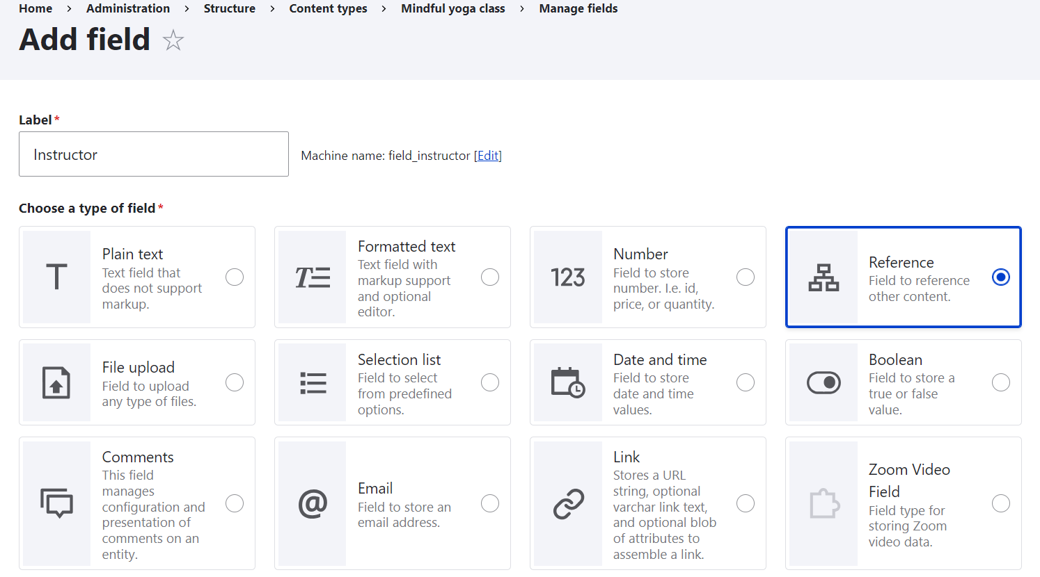 Adding an “Instructor” field, step 1: choosing “Reference” as the field type.