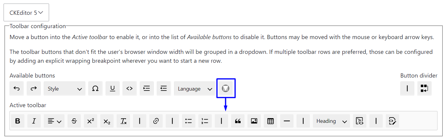 Adding Material Icons button to toolbar with Material Icons module in Drupal in CKEditor 5.