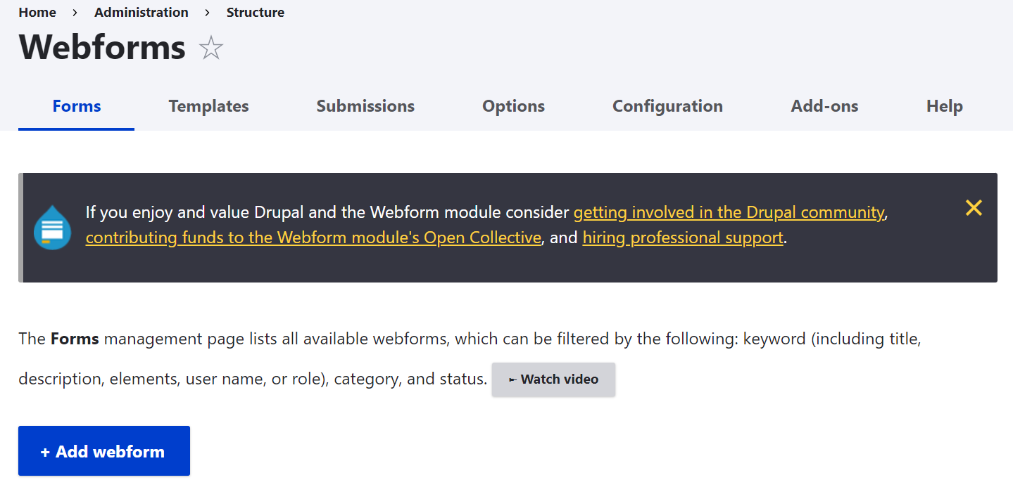 Adding a new webform via the Webform module’s interface in Drupal.