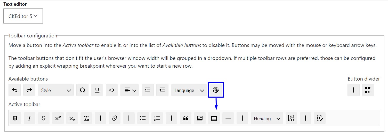 Adding the OpenAI button to the CKEditor 5 toolbar.