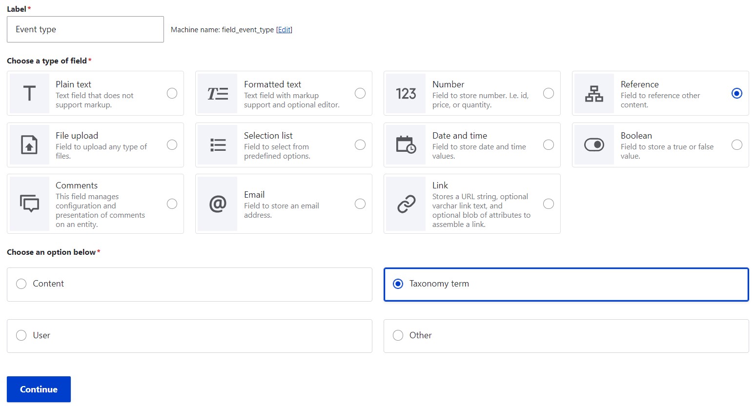 Adding a reference field for taxonomy.