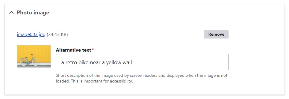 Adding required alt text to an image field in Drupal.