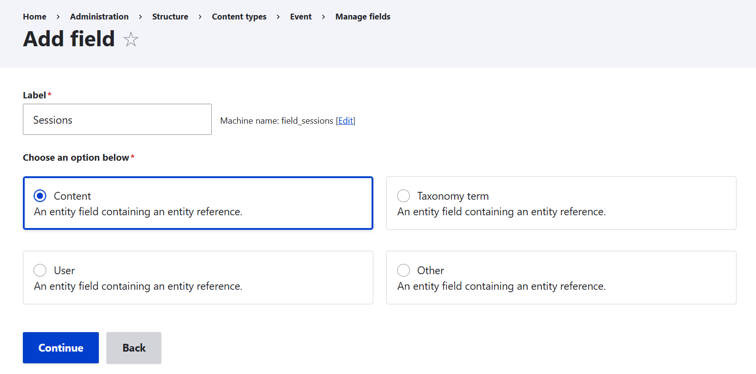 Adding a “Sessions” field to the Event content type in Drupal