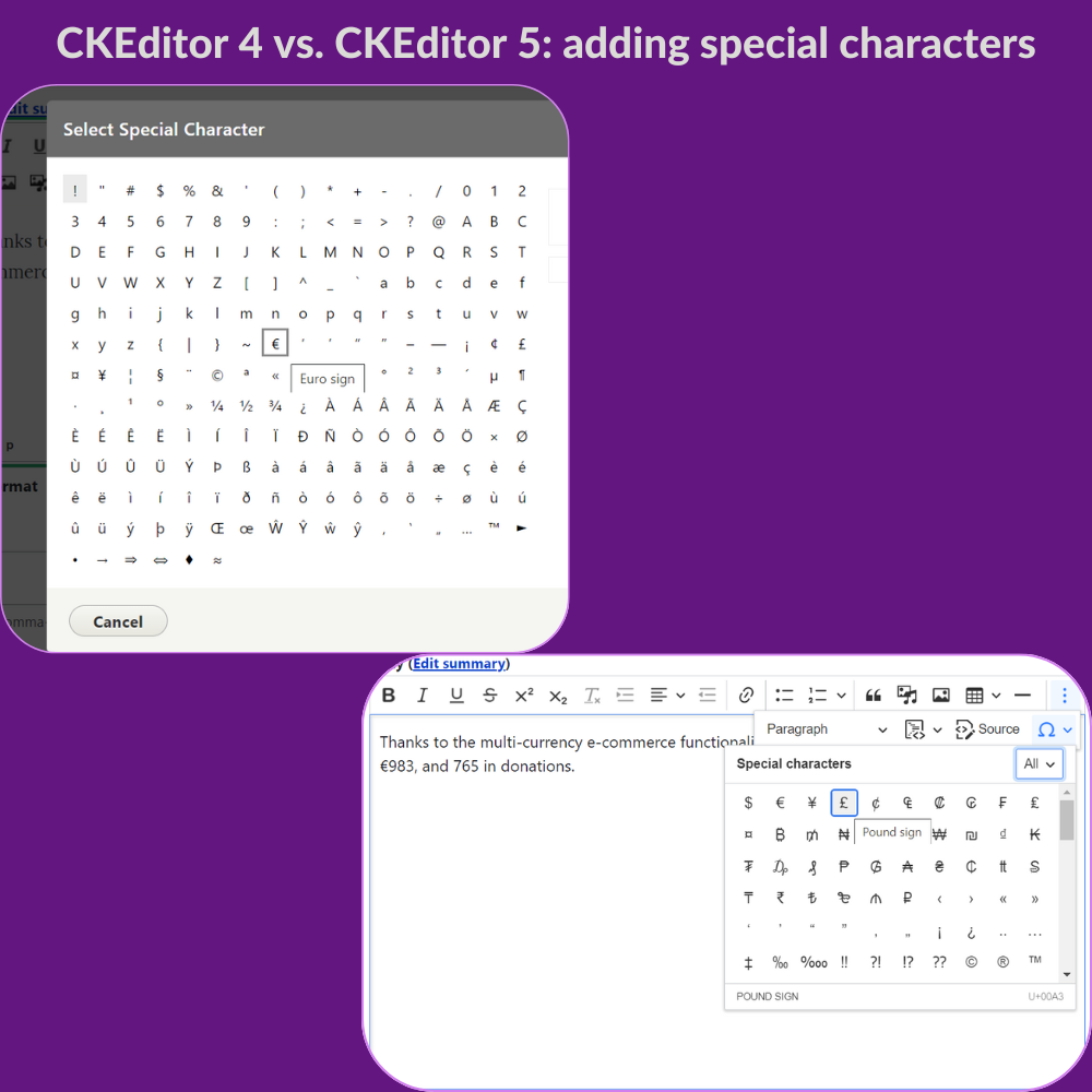 Comparing CKEditor 4 vs. CKEditor 5 for adding special characters.