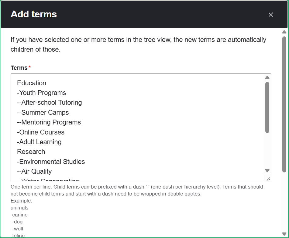 Adding terms in bulk via the Taxonomy Manager module in Drupal