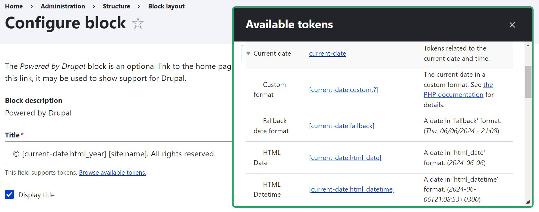 Adding tokens to create an automatically updated copyright notice