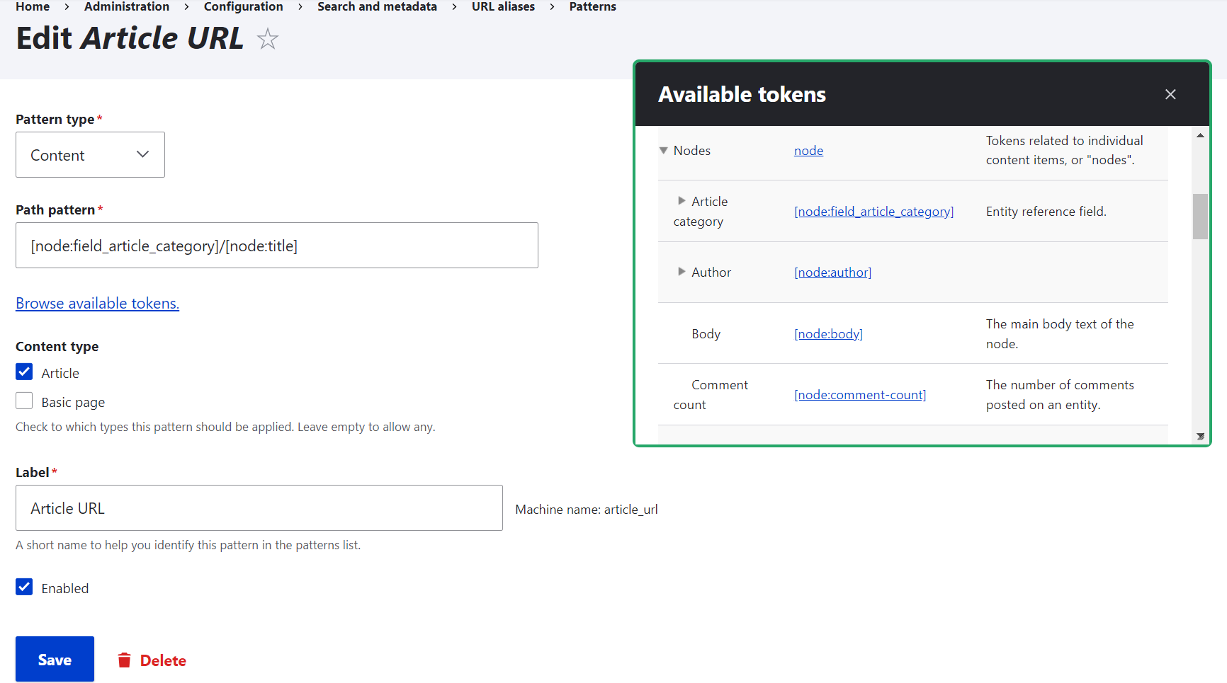 Adding tokens to create a Pathauto pattern for automatic URL generation