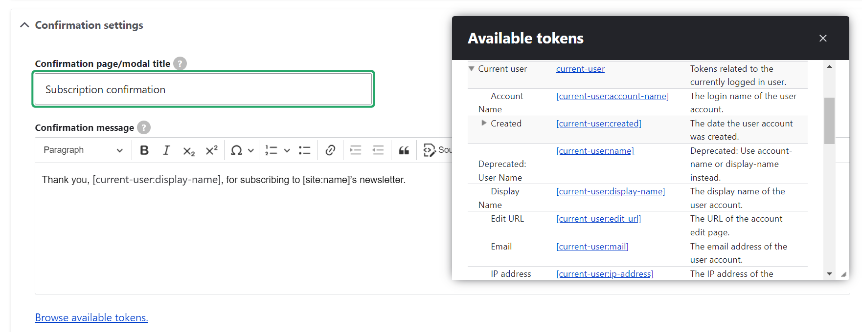 Adding tokens to the subscription confirmation message for personalization