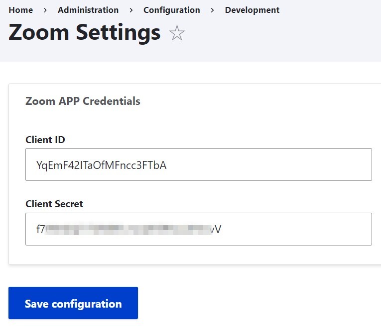 Adding the Zoom app credentials to Drupal.