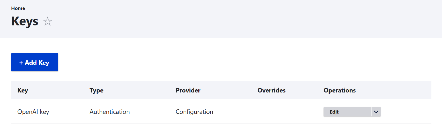 The administration page for managing keys on a Drupal website