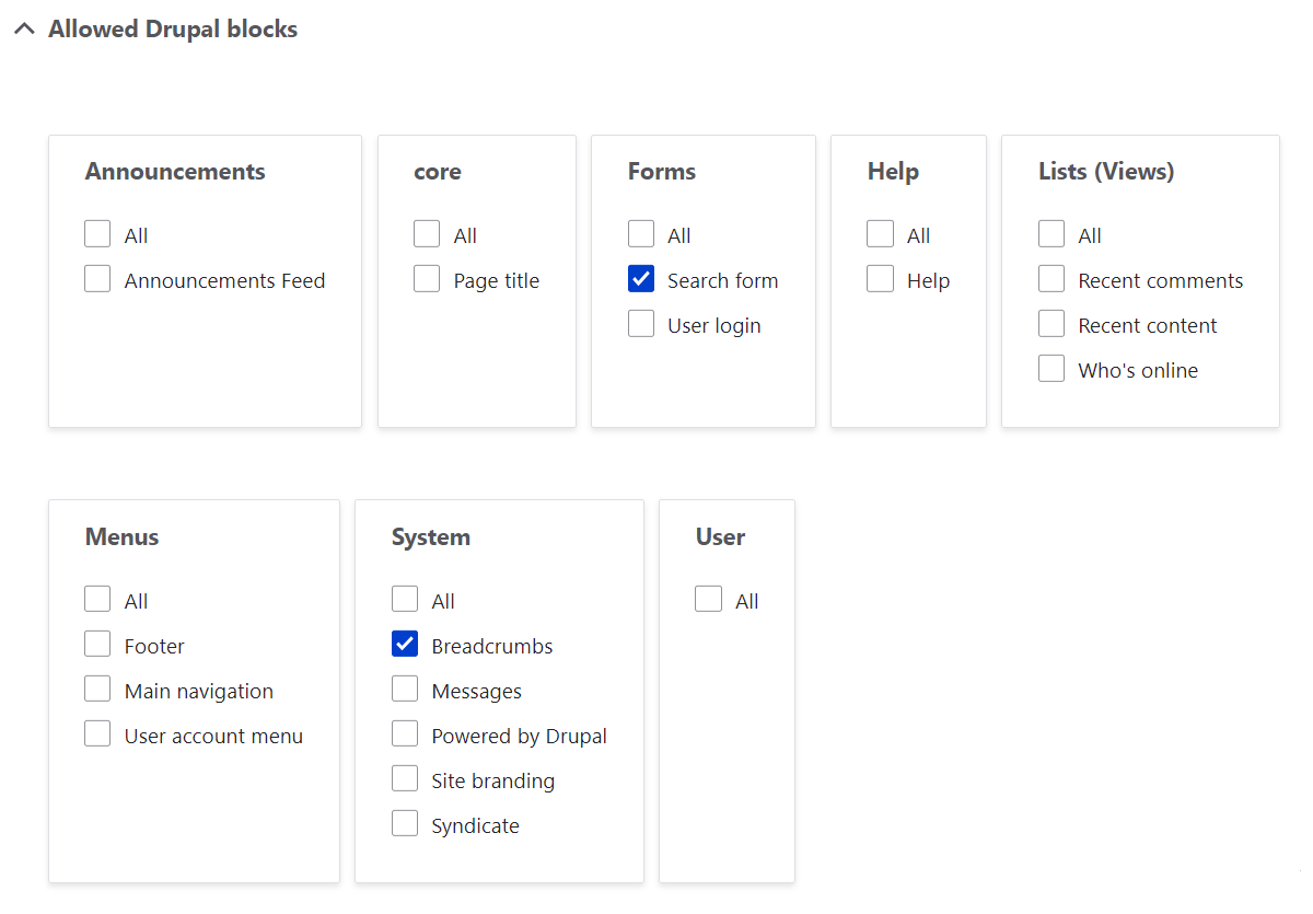 Allowed Drupal blocks in Gutenberg Editor.