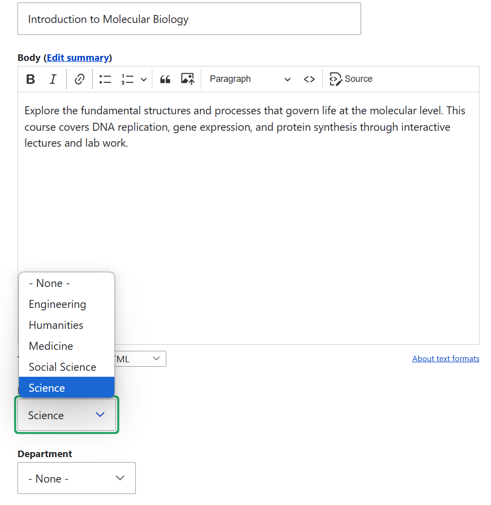 Assigning a study program to a certain faculty and department in the content editing form