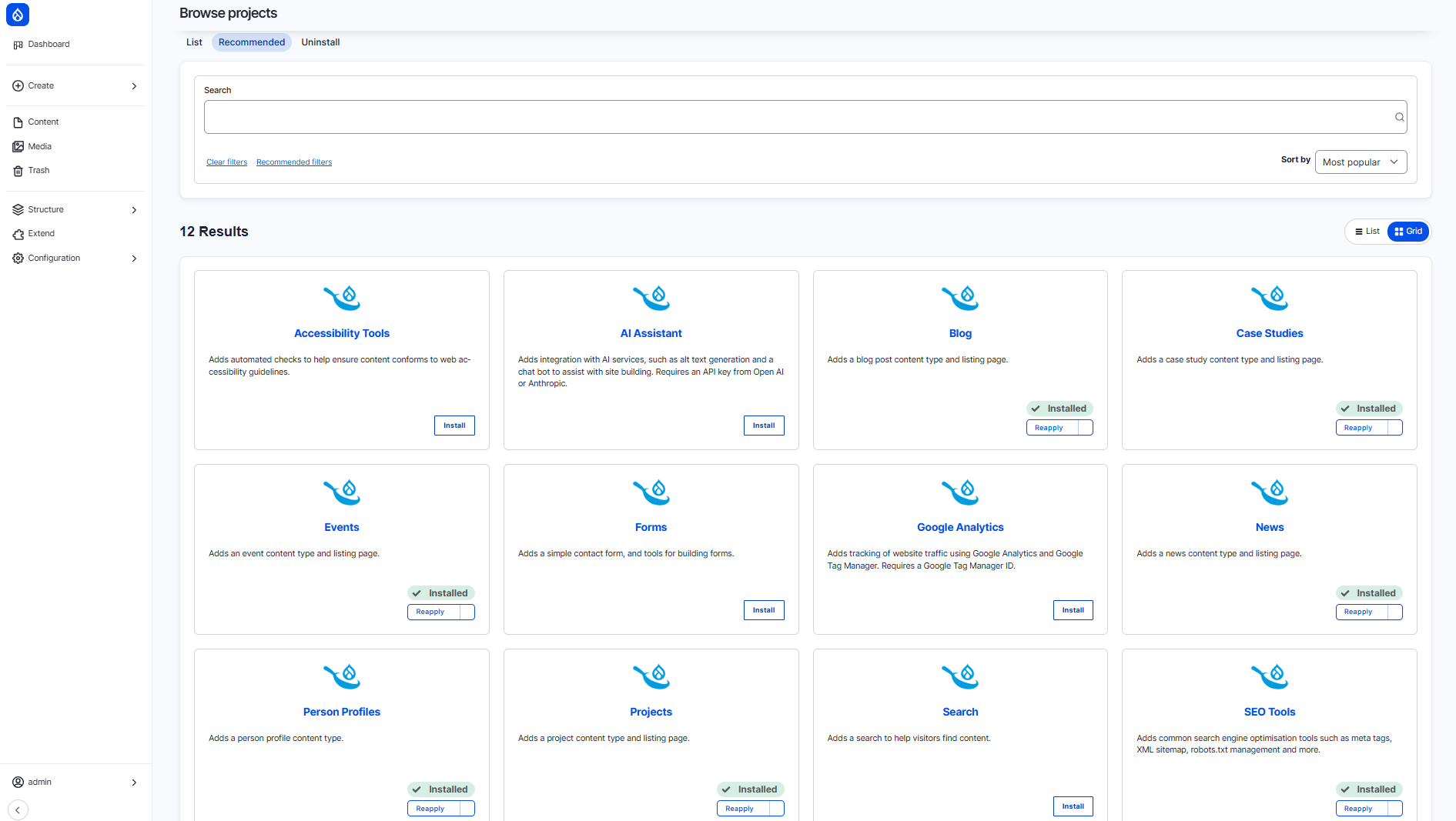 Available recipes in Drupal CMS