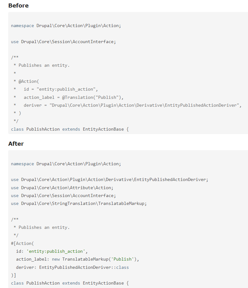 A “before and after” example of attributes replacing annotations in Drupal 10.2.