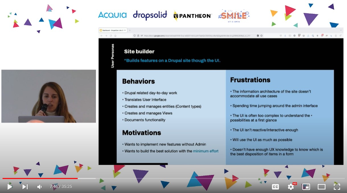 A slide with the behaviors, motivations, and frustrations defined for the “Site builder” user persona