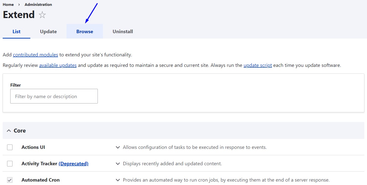 The new “Browse” tab on the “Extend” page of the Drupal admin UI.
