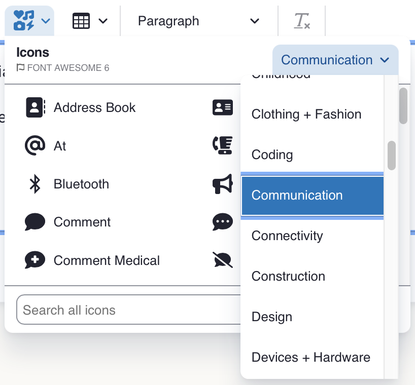 Browsing an icon category via the CKEditor 5 Icons module in Drupal.