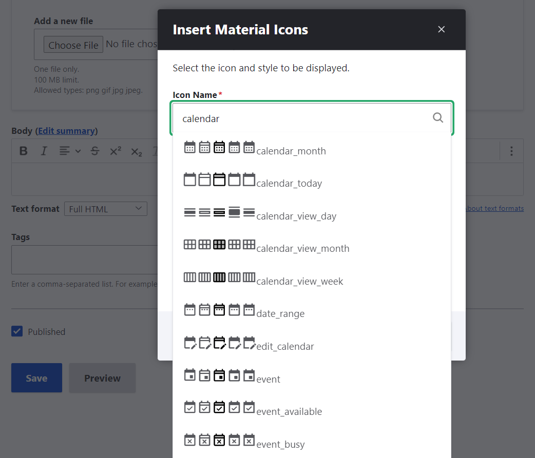 Browsing icons via the Material Icons module for Drupal